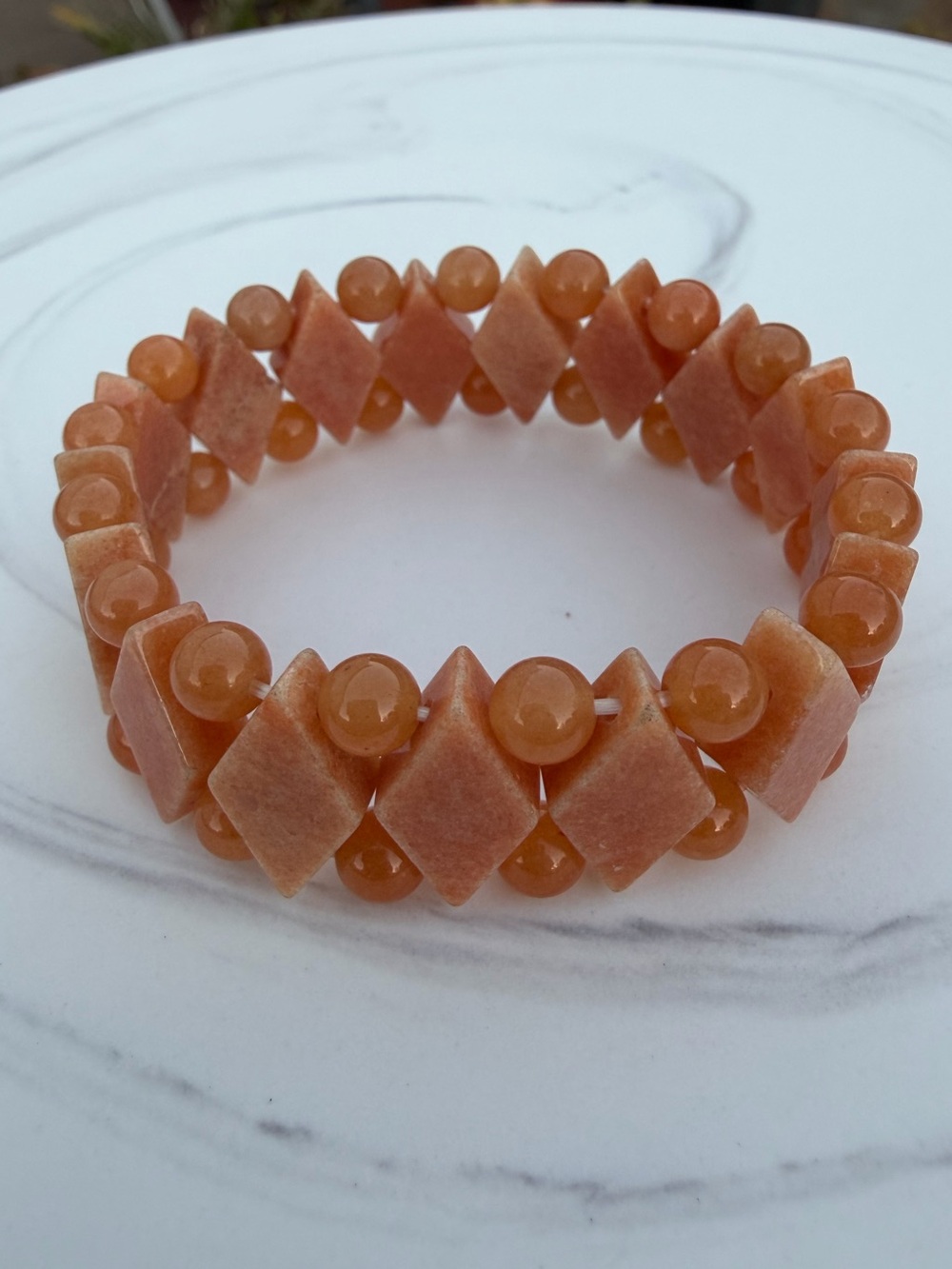 Orange Aventurine Diamond-Shaped Geometric Crystal Gemstone Stretch Bracelet, 7